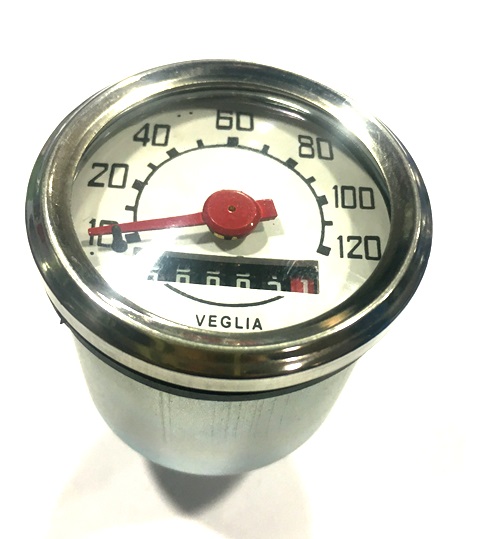 Speedometer for Vespa 50 round, d: 48 mm, 120 km/h, white face with black numbers, with chrome ring, connection 2,7mm.